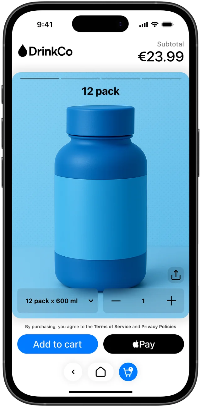 The Forage mobile storefront on an iPhone: a DrinkCo 12-pack with Add to cart and Apple Pay buttons